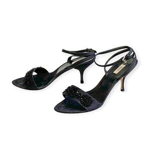 Prada denim ankle strap heeled sandal with black beading, size 38 EU